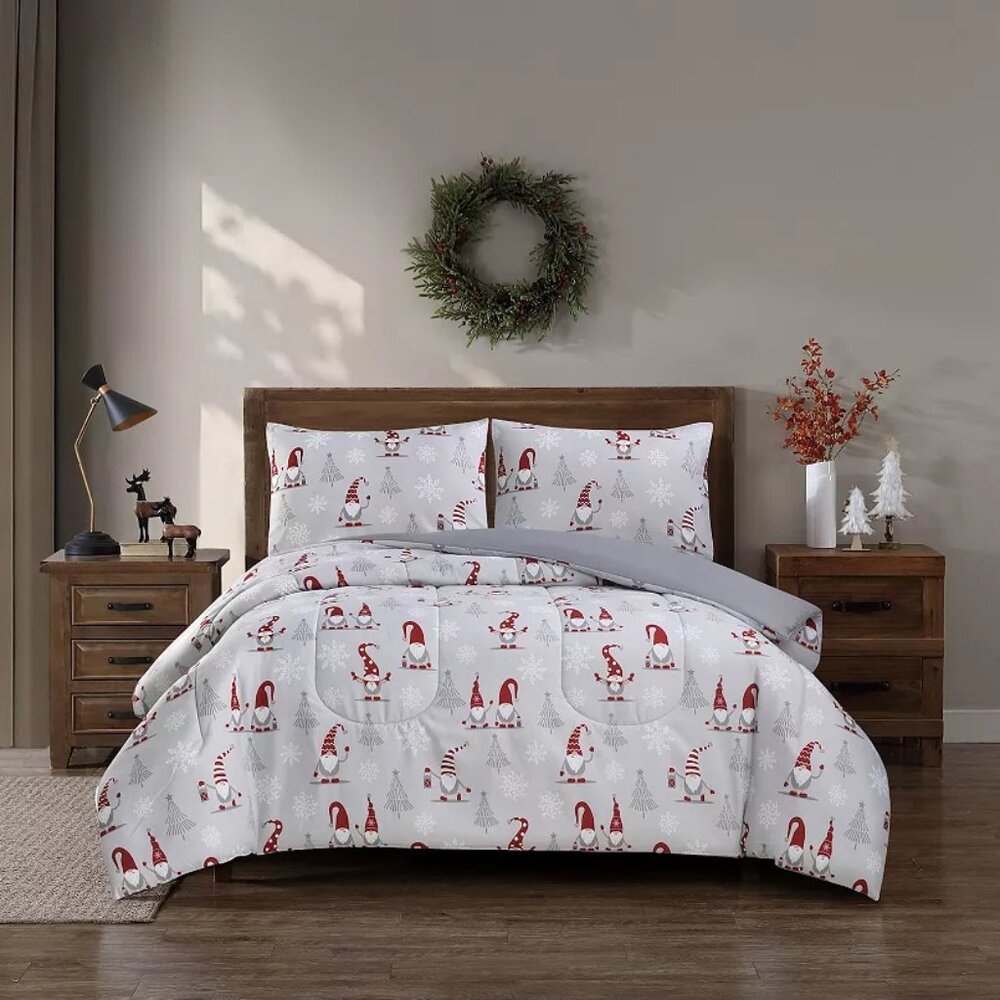 Hudson & Main Wintertime Print Comforter Set with Shams, Gnome, Full/Queen